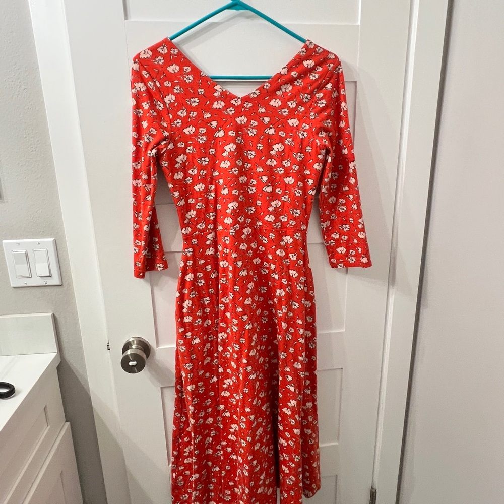 PACT organic cotton Red Floral 3/4 sleeve side pocket midi dress Size S - Picture 5 of 5